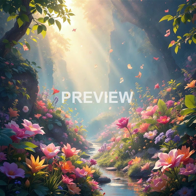 A lush, vibrant forest scene illuminated by soft sunlight streaming through the trees, with colorful flowers along a gentle stream and musical notes floating in the air.